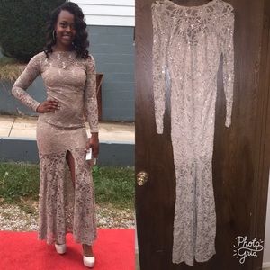 Long Sleeve Taupe Lace & Sequin Dress with Slit